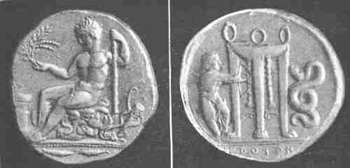 Silver stater of Croton (about 400 B.C.). Obv. Hercules, the Founder. Rev. Apollo shooting the Python by the Delphic Tripod