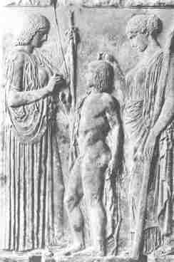 Demeter and Persephone sending Triptolemos on his mission. Marble relief found at Eleusis—now in Athens