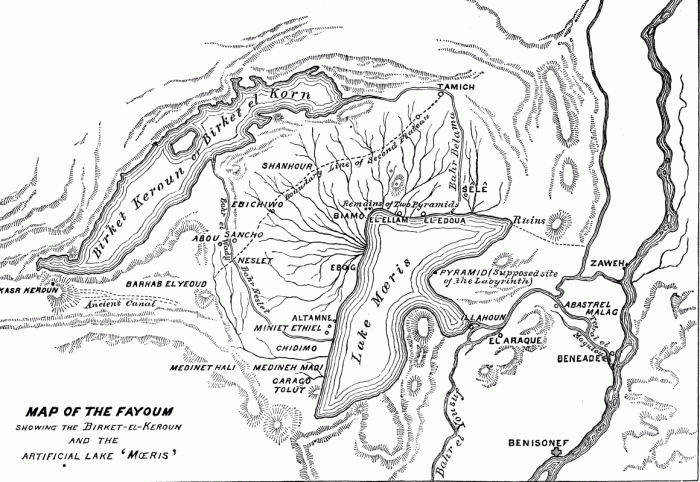 MAP OF THE FAYOUM SHOWING THE BIRKET-EL-KEROUN AND THE ARTIFICIAL LAKE 'MŒRIS'.