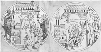 A scene from the Anglo-Saxon life of St. Guthlac by Felix of Crowland, depicting the attack of the demons