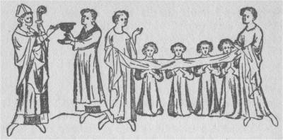 ADMINISTERING HOLY COMMUNION WITH THE HOUSEL CLOTH. From a Fourteenth-Century Manuscript.