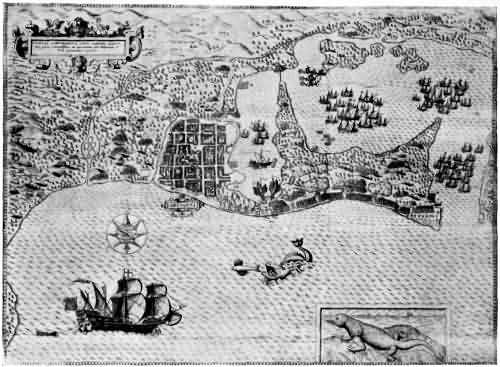 CARTAGENA IN 1586, SHOWING THE DOUBLE HARBOUR; THE SHIP IN THE FOREGROUND MAY BE DRAKE'S FLAGSHIP, THE _BONAVENTURE_