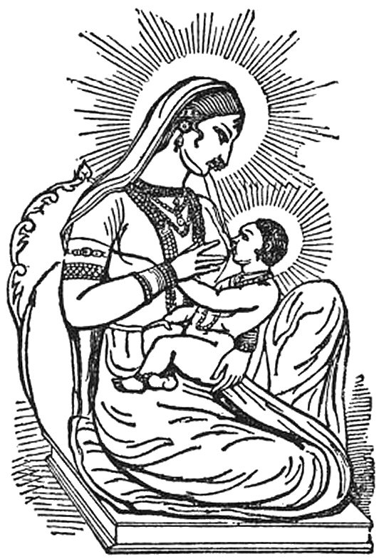 L'enfant Crishna porté dans les bras de la déesse Devaki.